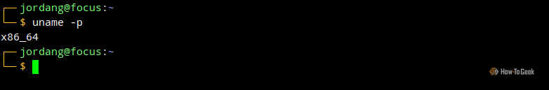 A Linux terminal showing x86_64 as the output for the command uname -p.