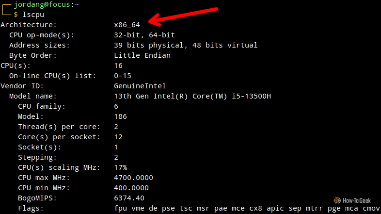 A Linux terminal with an arrow pointing to the processor architecture, produced with the lscpu command.