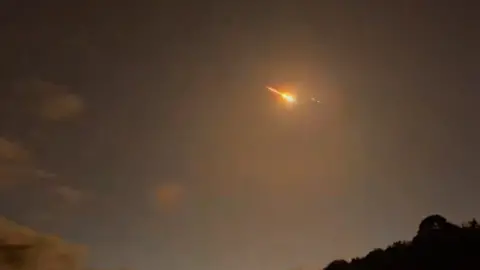 @adriancoll1 A meteor burning across the night sky with a small dark patch of trees in the bottom right hand corner of the frame