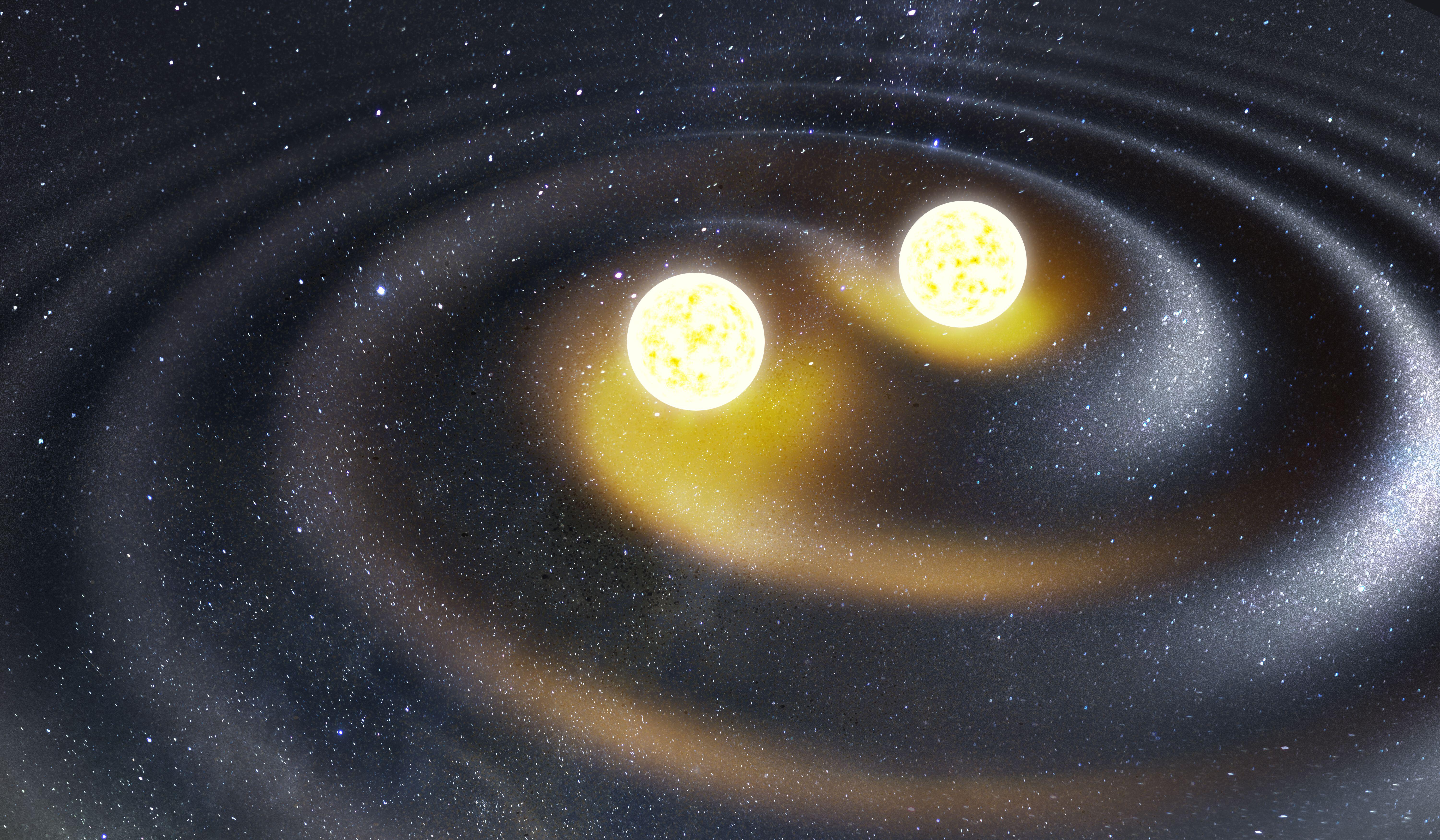 Binary star system generating gravity waves. 