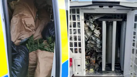 North West Leicestershire Police Two images side-by-side that show bags full of cannabis in a police van on the left, and electrical equipment and wires in the back of a police van on the right