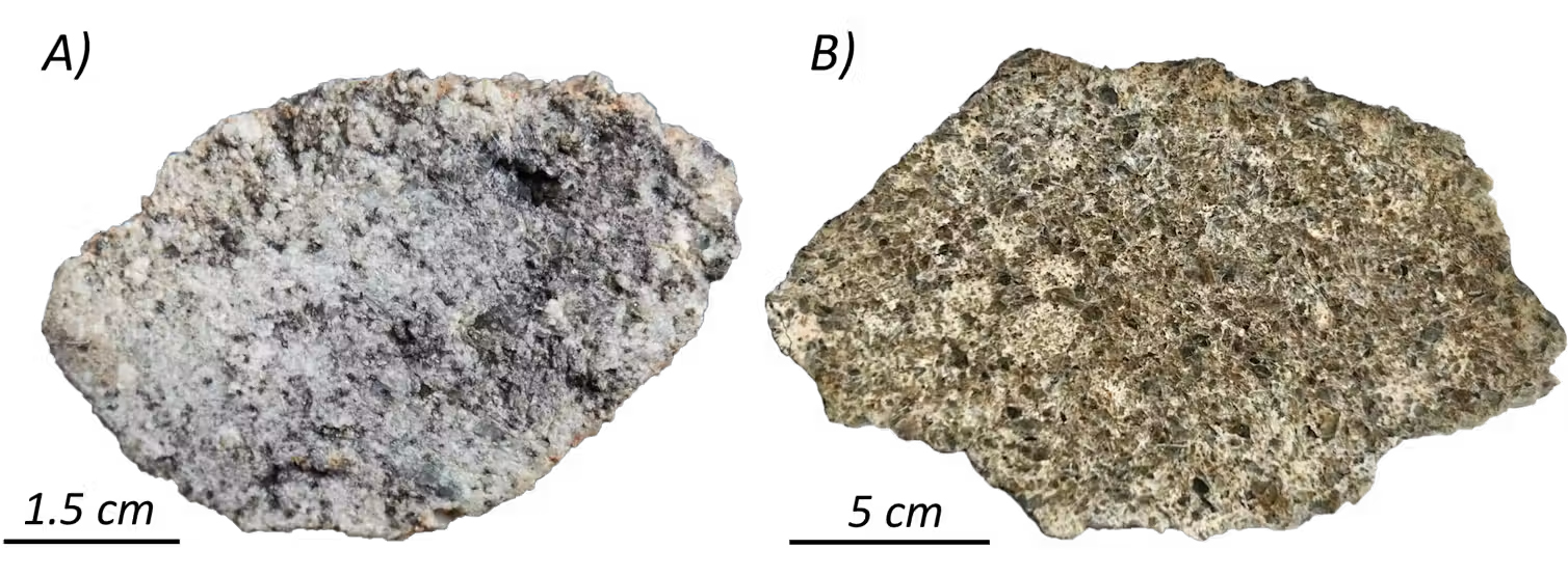 On the left, a black and gray speckled meteor. On the right, an olive green meteor.