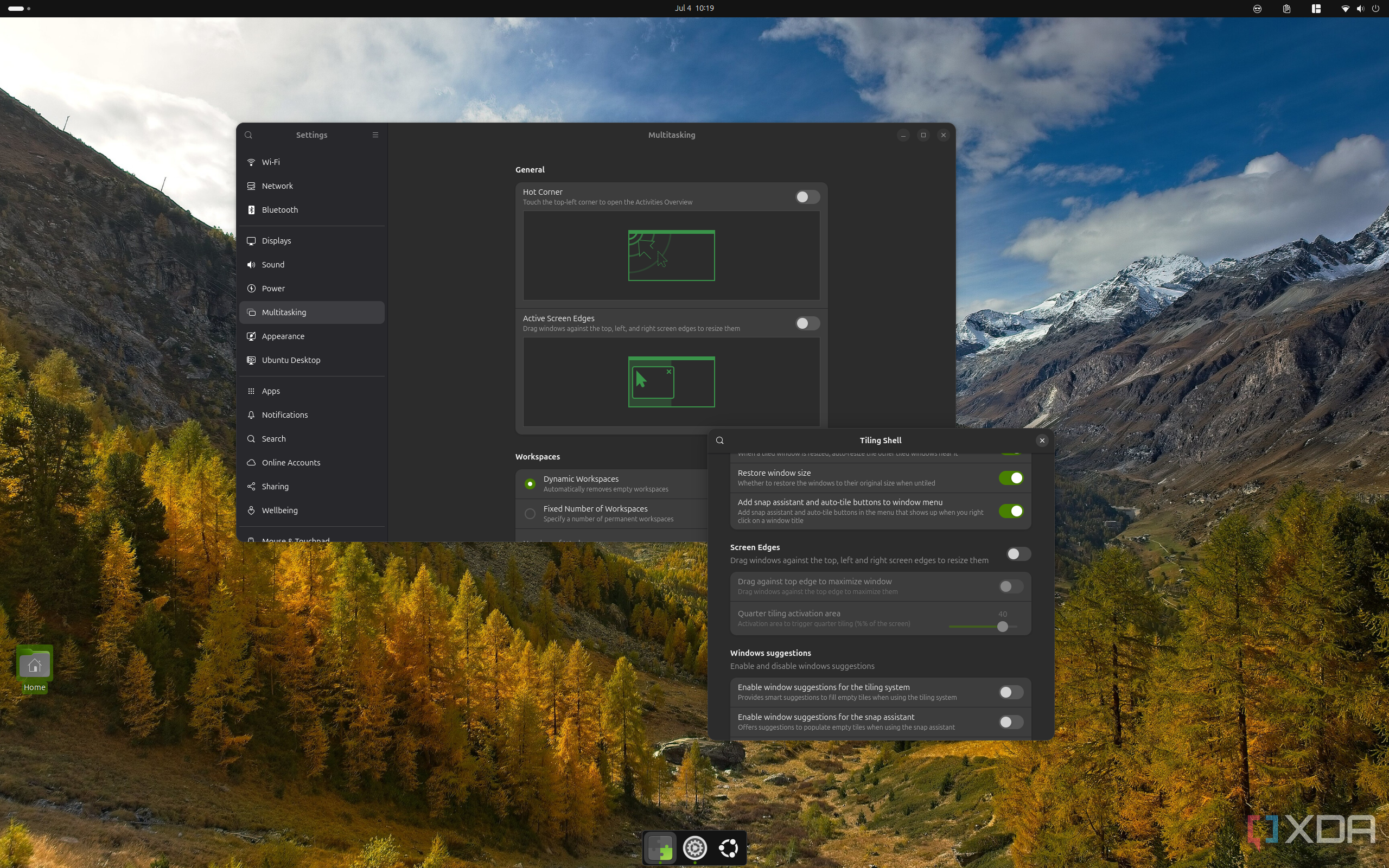 Screenshot of an Ubuntu desktop showing active edge settings