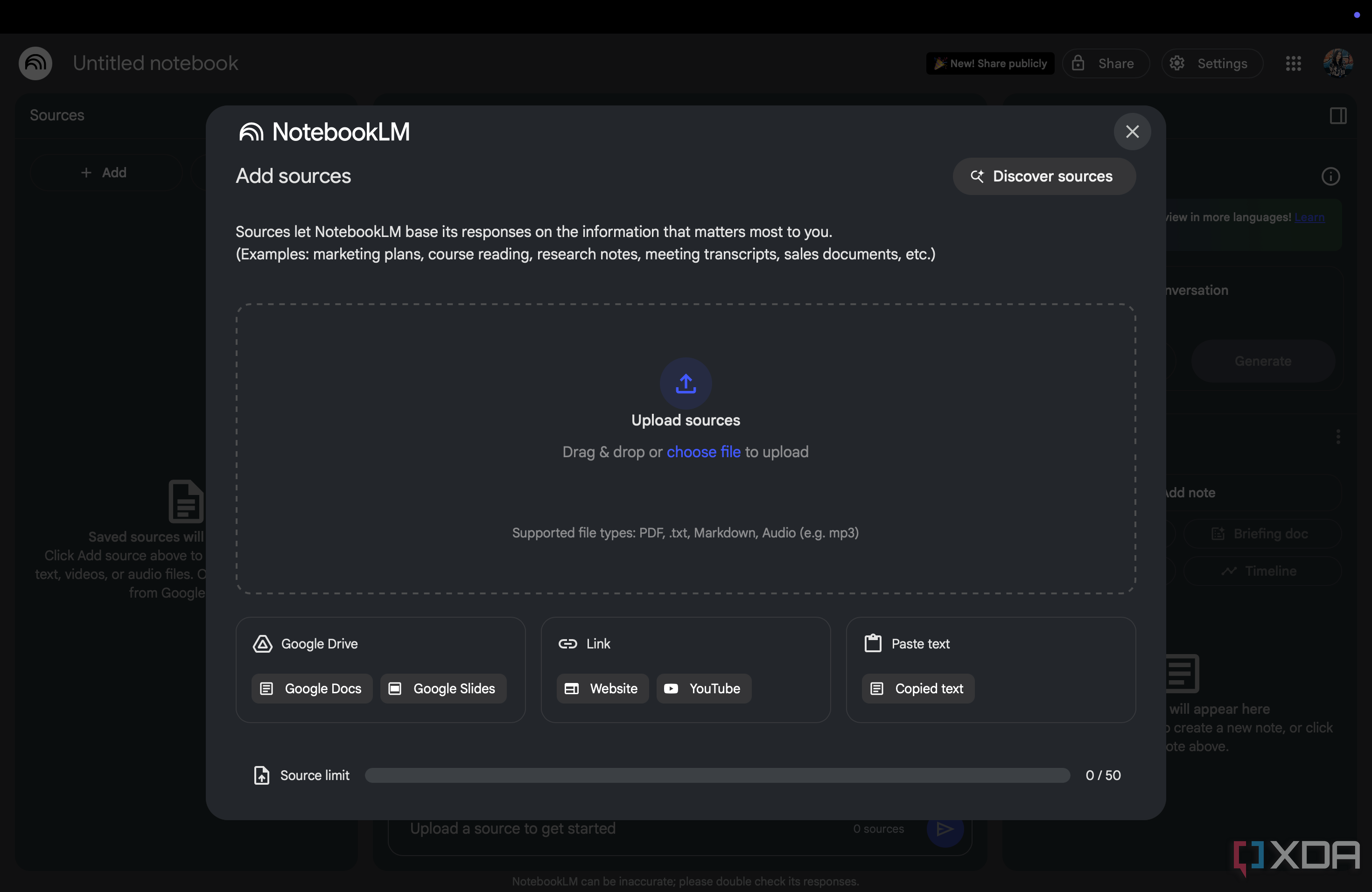 Add Sources page in NotebookLM