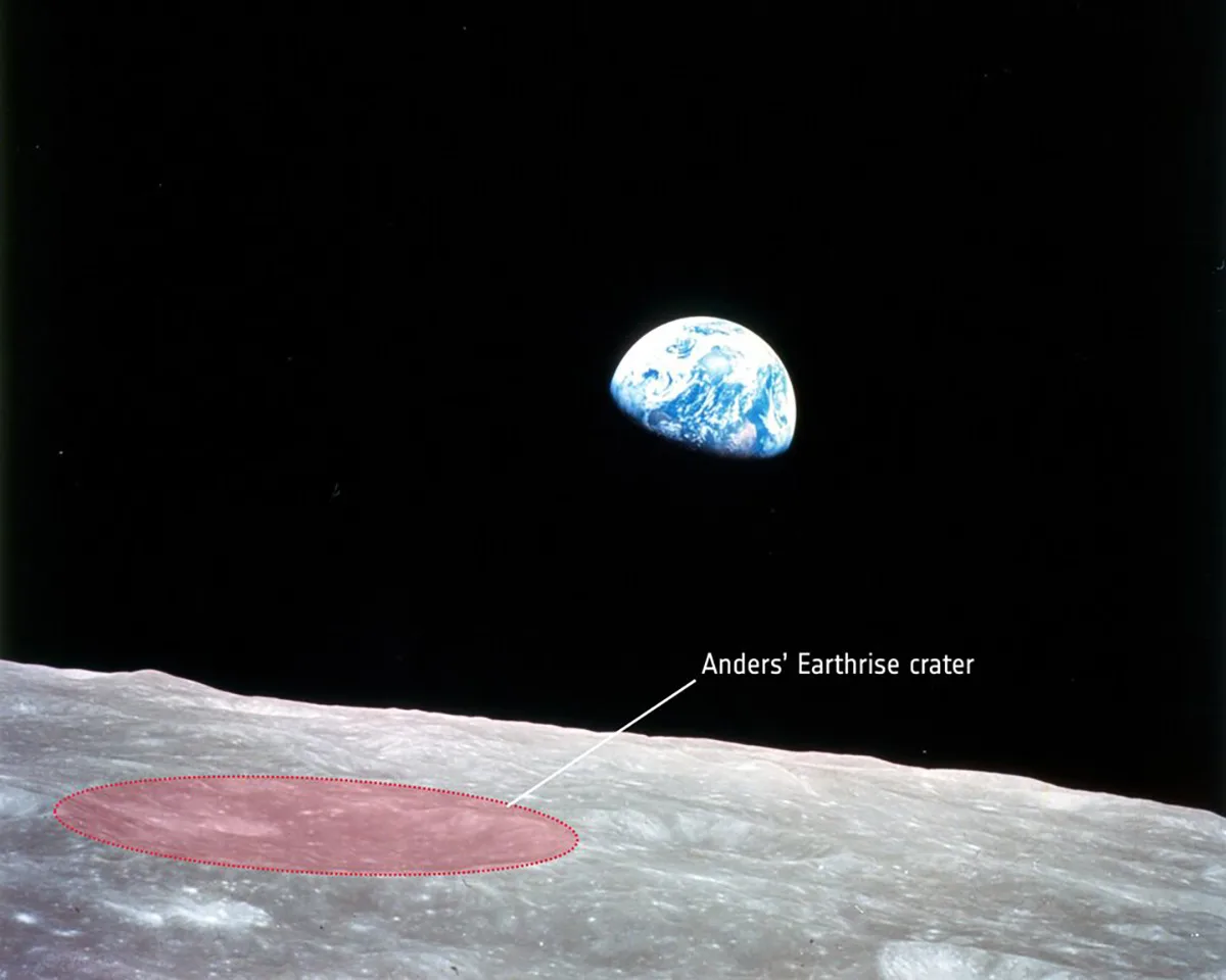 Annotated image of the Moon captured by astronaut William Anders during the Apollo 8 mission in December 1968. The crater since named ‘Anders’ Earthrise’ is labelled. Credit: NASA, annotation added by ESA