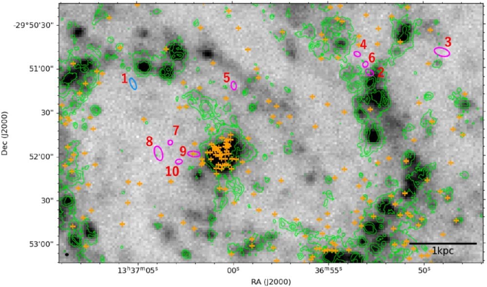 This figure shows supernova remnant candidates (orange crosses) and the HVCs (magenta and blue ellipses) in M83. Only one HVC, #9, appears to be associated with a supernova. Image Credit: Maki Nagata et al 2025 ApJ 987 69
