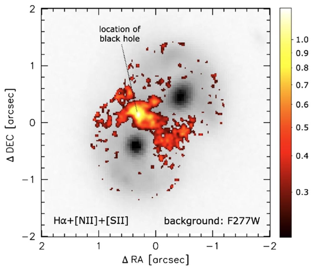 This figure from the research shows H-alpha, NII, and SII emissions that locate the SMBH between the pair of nuclei in the Infinity galaxy. Image Credit: Pieter van Dokkum et al 2025 ApJL 988 L6