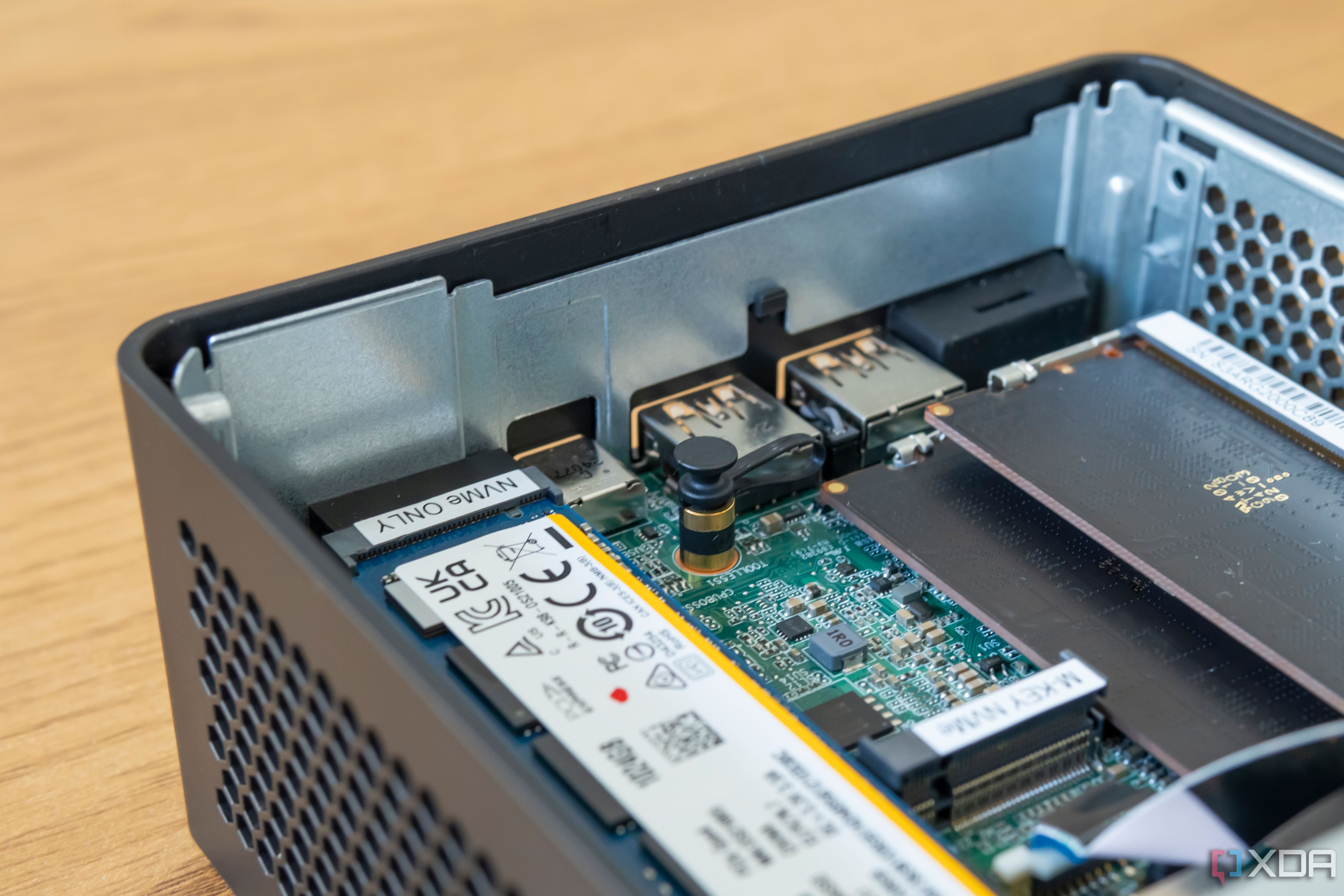 Close-up of the M.2 2242 slot in the Asus NUC 14 Pro with the SSD locking mechanism attached