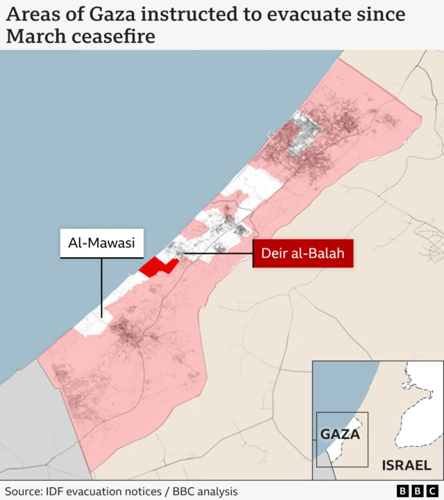 Map showing areas of Gaza - highlighted in red - instructed to evacuate since the March ceasefire in Gaza