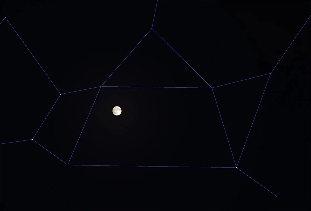 The Buck Moon of 10 July 2025 will be located in the Teapot asterism. This simulated view shows what it will look like from Dallas, Texas. Credit: Stellarium