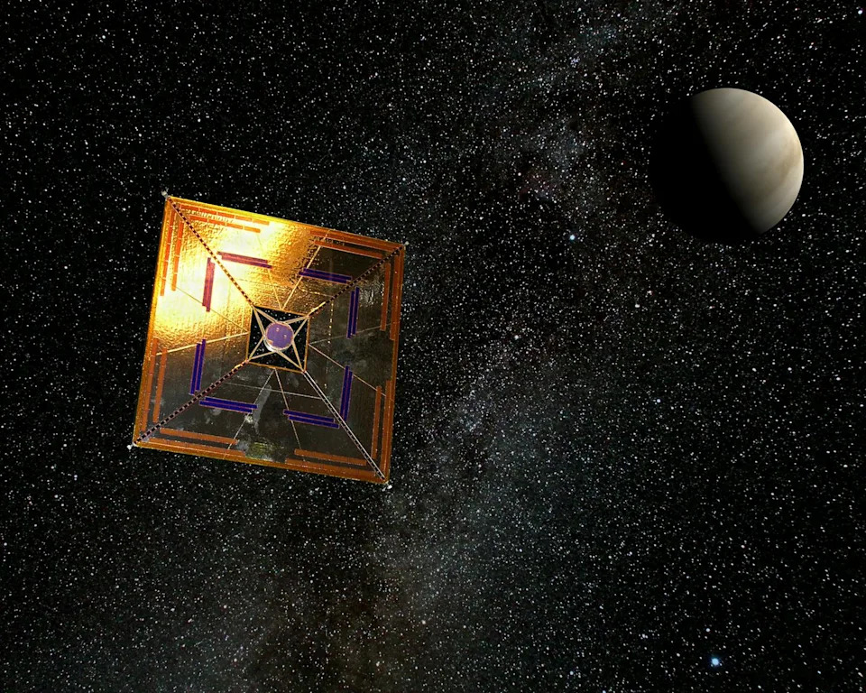 An illustration of a solar sail, which looks like a large, thin square of foil, flying through space.
