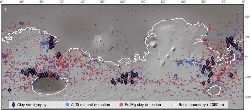Map of gray terrain with small colored diamond shapes, dots and white outlines. Latitude and longitude numbers are along the top and right outside edges of the map.