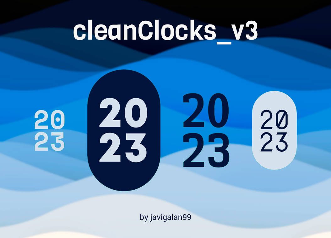 CleanClocks V3 examples on a wavy blue background