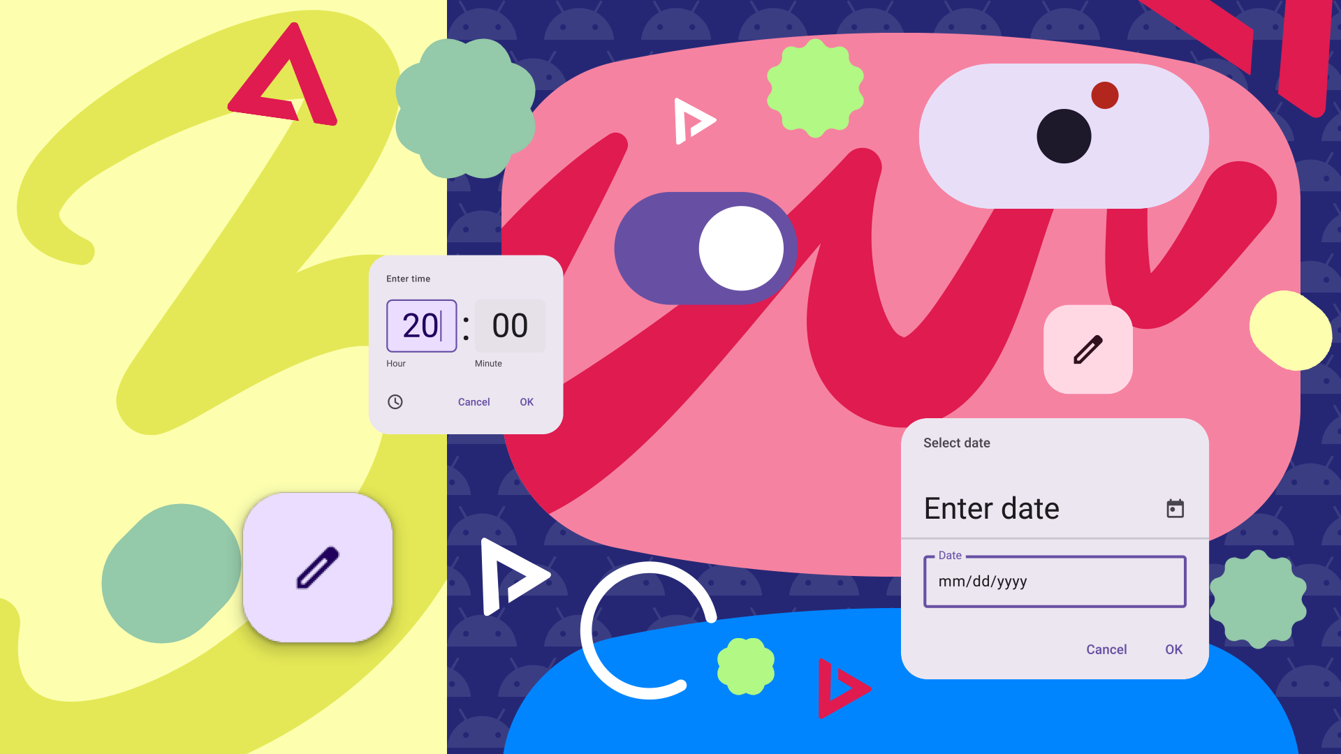 Colorful interface inspired by Material Design 3 with UI elements around it.