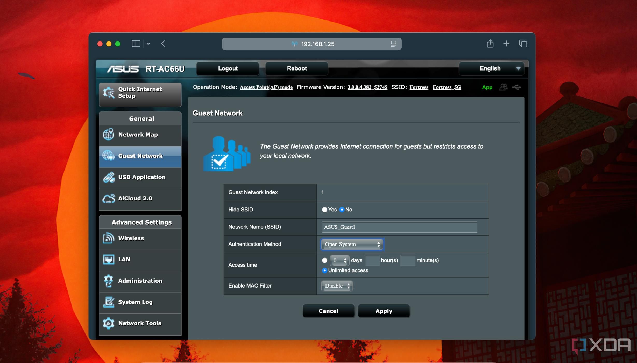 Screenshot of router interface to create a Guest network