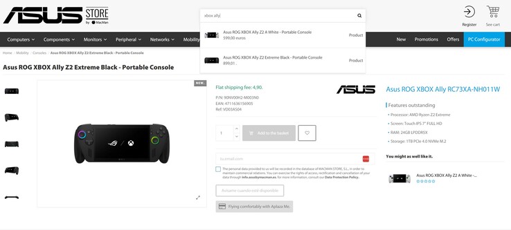 Asus ROG Xbox Ally and ROG Xbox Ally X price leak at Asus partner store (image source: Asus Store by MacMan)