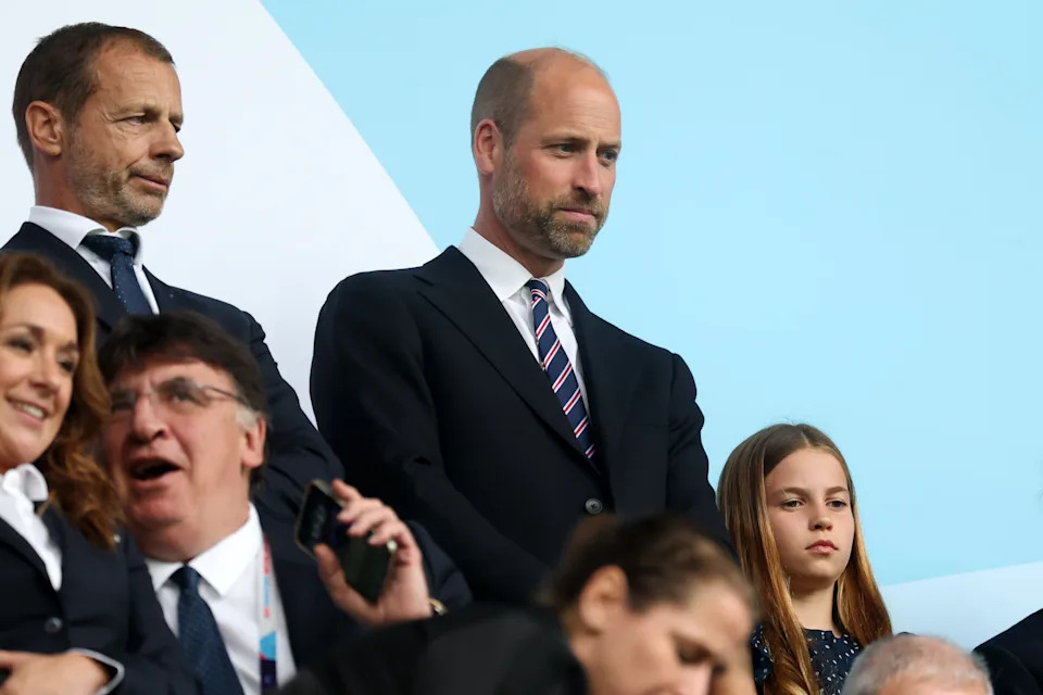 BASEL, SWITZERLAND - JULY 27: Aleksander Ceferin, President of UEFA, Prince William, Prince of Wales, and Princess Charlotte of Wales are seen in attendance prior to the UEFA Women's EURO 2025 Final match between England and Spain at St. Jakob-Park on July 27, 2025 in Basel, Switzerland. (Photo by Alexander Hassenstein/Getty Images)