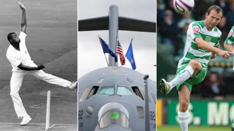 PA Media/Yeovil Town FC A black and white image of Syd Lawrence bowling in a cricket team, a large grey US military plane and Marcus Stewart kicking a ball during a game.