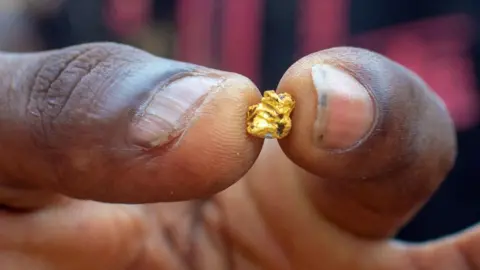 Getty Images A nugget of gold being held between a finger and thumb of an illegal miner in West Africa