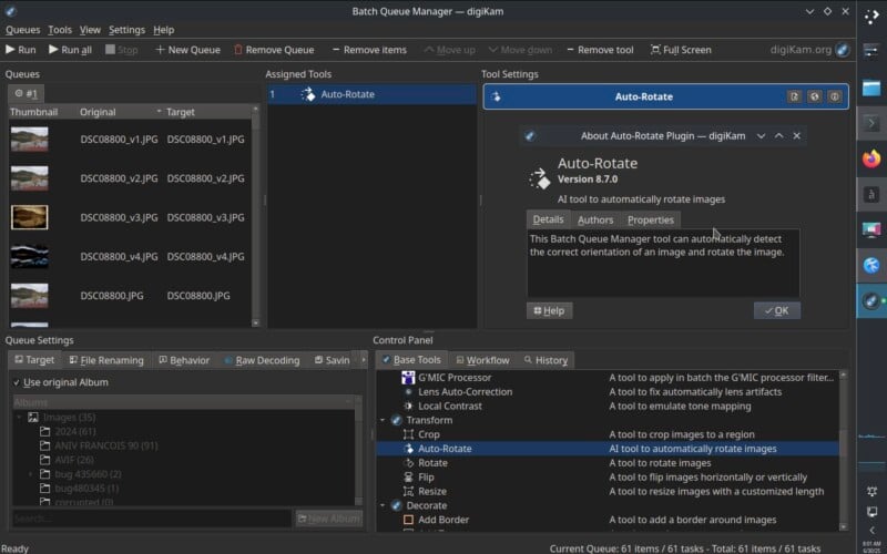 Screenshot of digiKam's Batch Queue Manager showing auto-rotate selected as the assigned tool. The interface has image lists, tool settings, and a control panel displaying various image processing options.