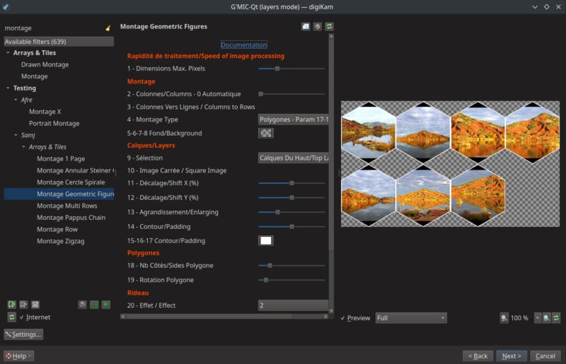 Screenshot of G'MIC-QT plug-in in GIMP showing the 'Montage Geometric Figures' filter applied to a landscape photo, creating a hexagonal tile montage on the right panel. Various montage settings are visible on the left.