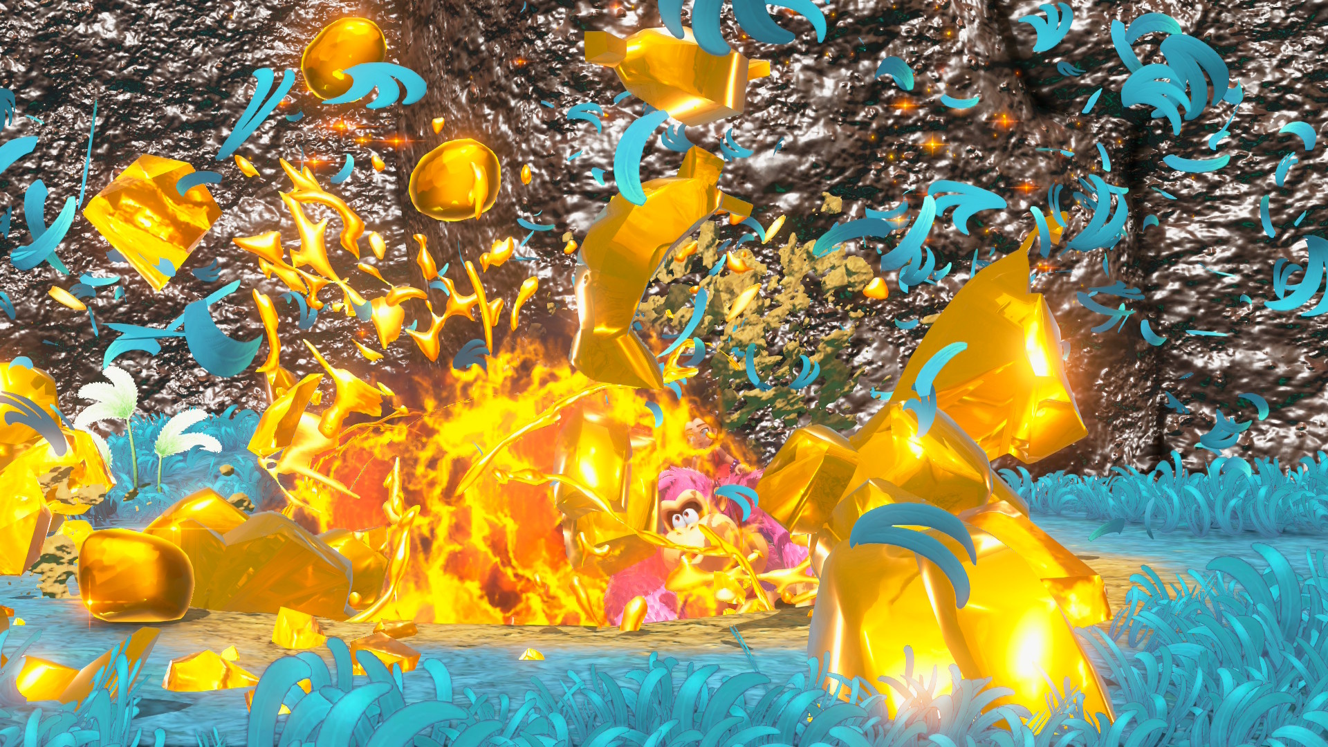 A pink Donkey Kong sits by an explosion of gold in Donkey Kong Bananaza