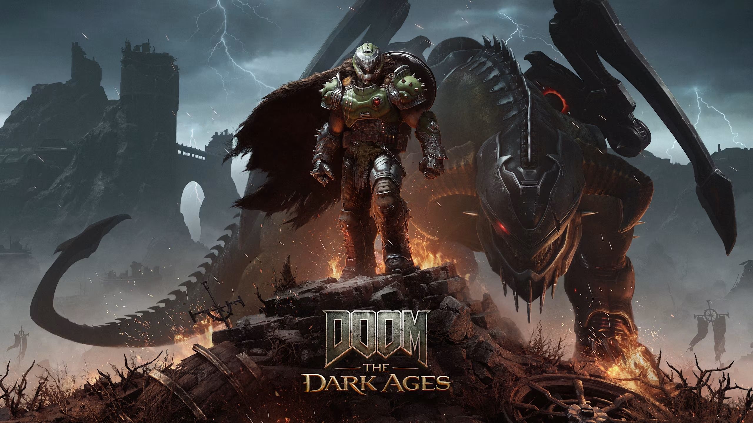 A screenshot from Doom: The Dark Ages, showing the Doom Slayer standing atop rubble while a huge dragon mount stands behind him.