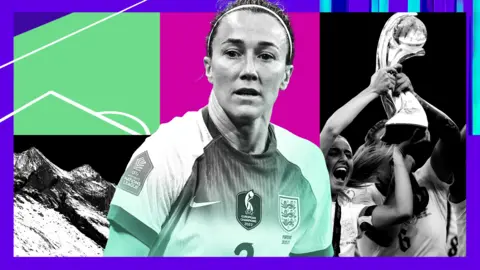 BBC News A designed image of England footballer Lucy Bronze against a collage background of mountains in Switzerland, a football pitch and players celebrating a Euro 2022 win. The image is surrounded by a purple border