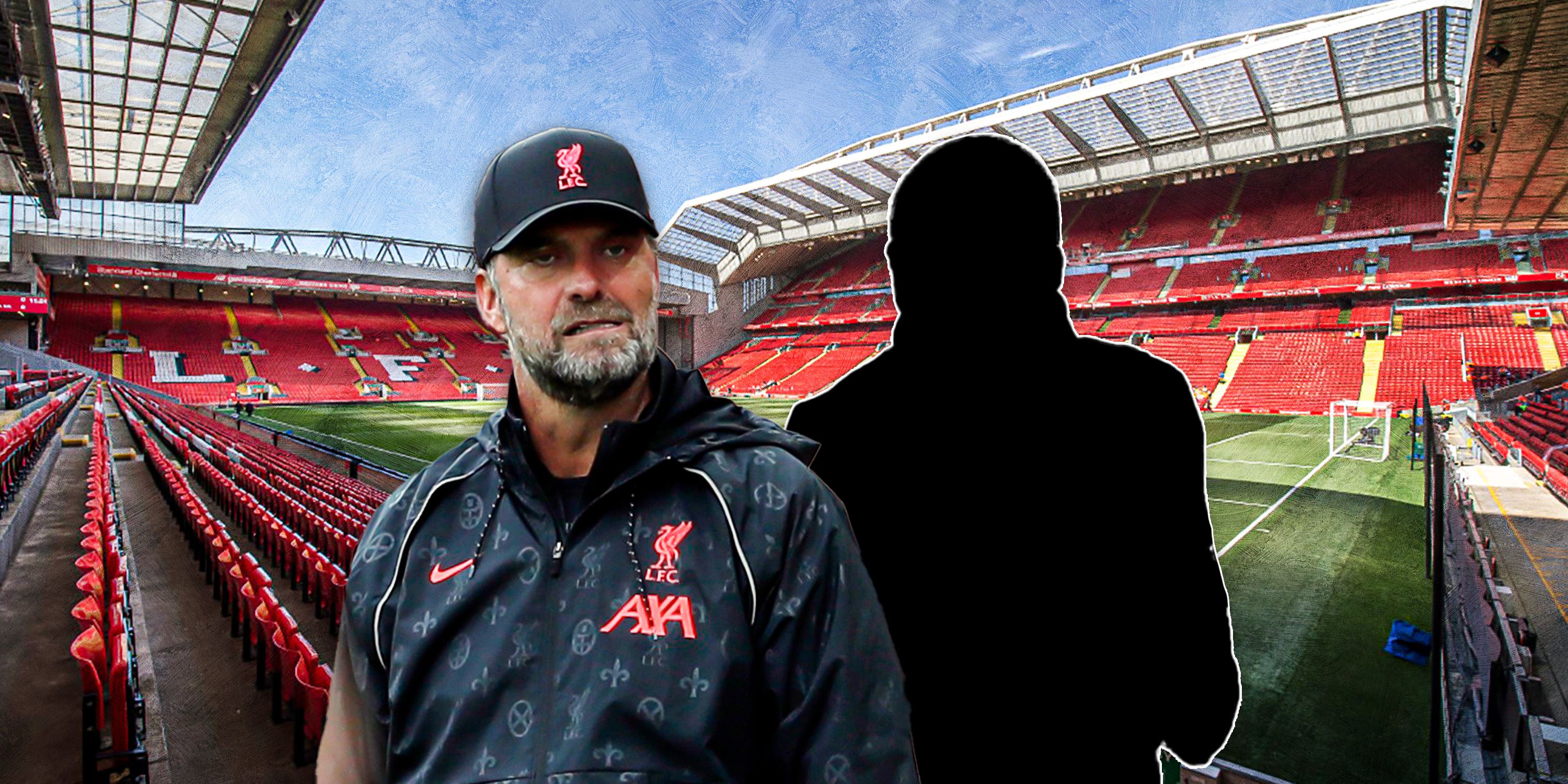 Jurgen Klopp and Anfield background with a silhouette of Ousmane Dembele