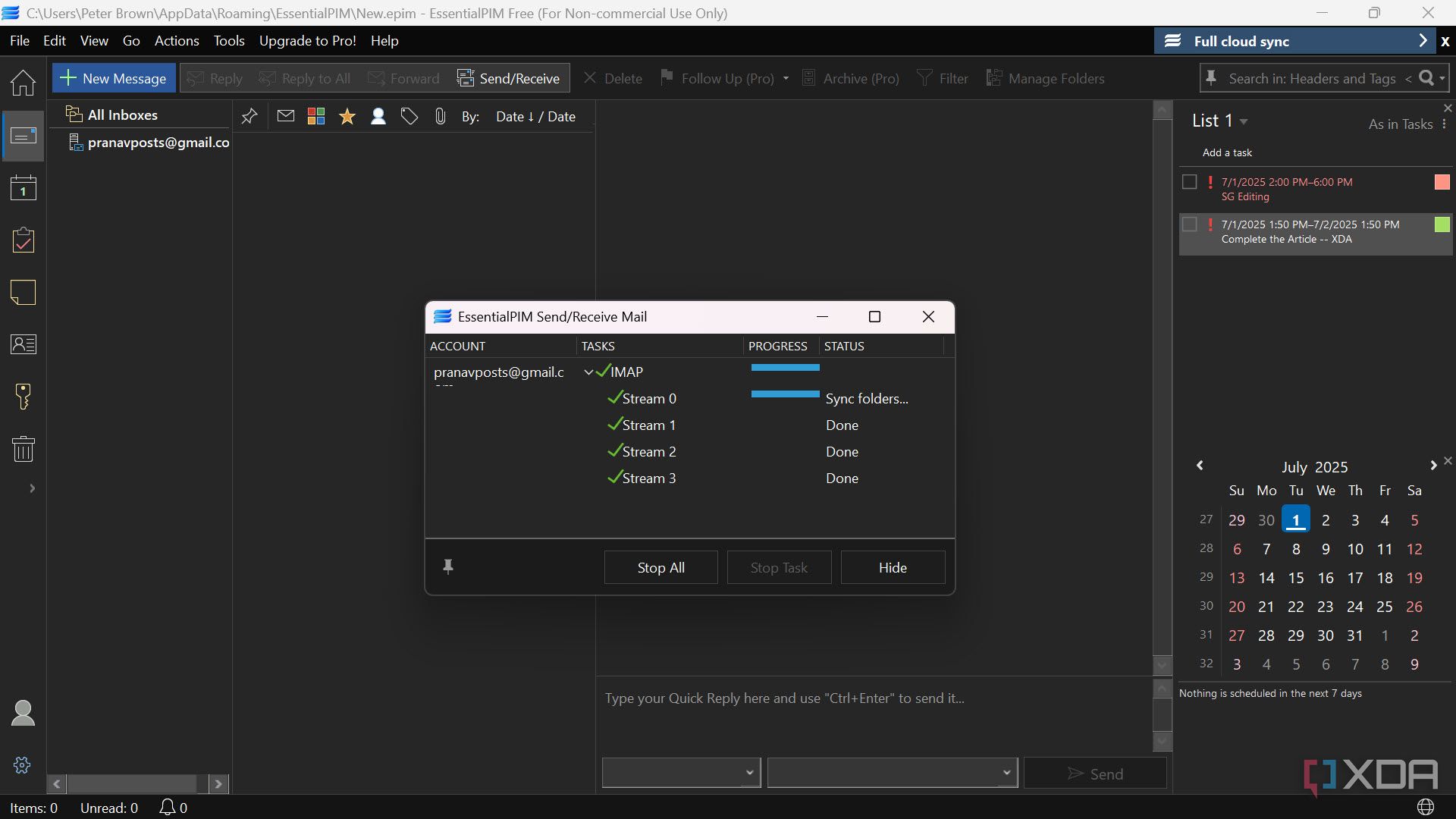 EssentialPIM syncing emails