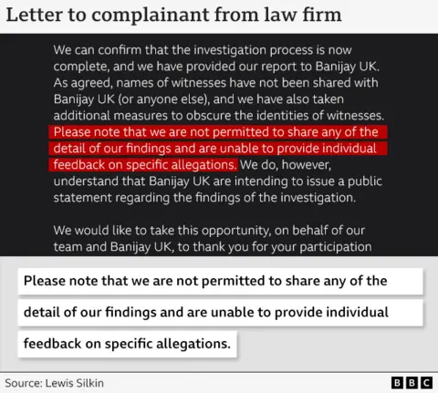 Excerpt of letter from law firm Lewis Silkin to a complainant regarding the conclusion of an investigation for Banijay UK. It highlights this sentence: “Please note that we are not permitted to share any of the detail of our findings and are unable to provide individual feedback on specific allegations”