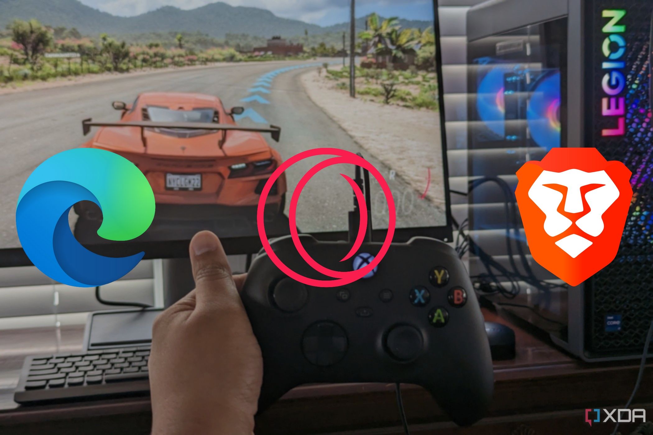 A gaming PC with web browser logos overlaid on top