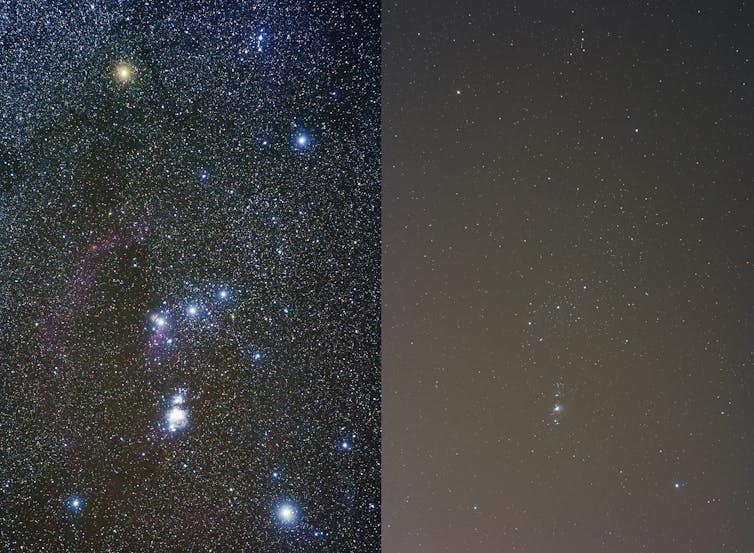 Two pictures of the constellation Orion, with one showing many times more stars.