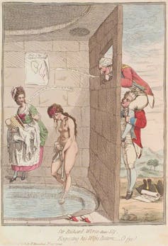 Cartoon showing a man sat on the shoulders of another man so he can look into the window of a bath house where a woman is naked