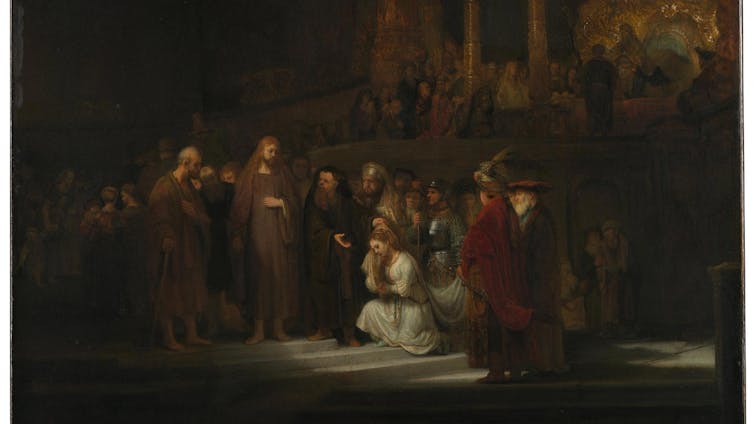 Painting of a woman kneeling in the centre of lots of men. They wear dark colours while she is in white.
