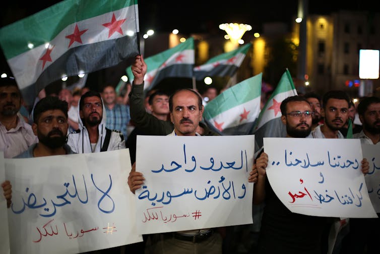 Syrian protestors holding signs and flags