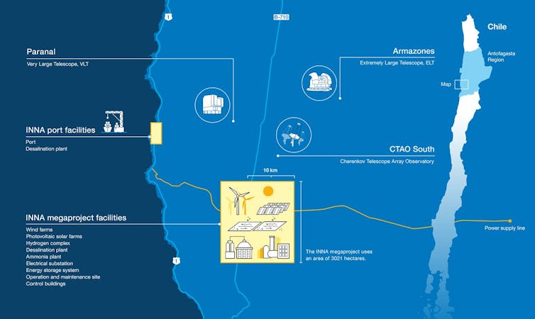 A map showing two industrial sites, one large, marked on a map of Chile. Just a few miles to the north are three telescope sites.