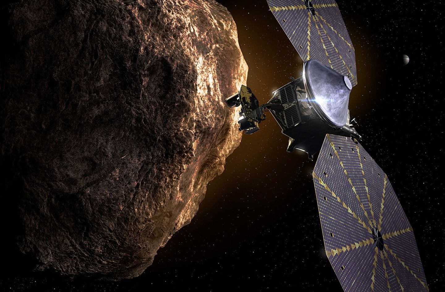 image of the Lucy spacecraft flying by an asteroid