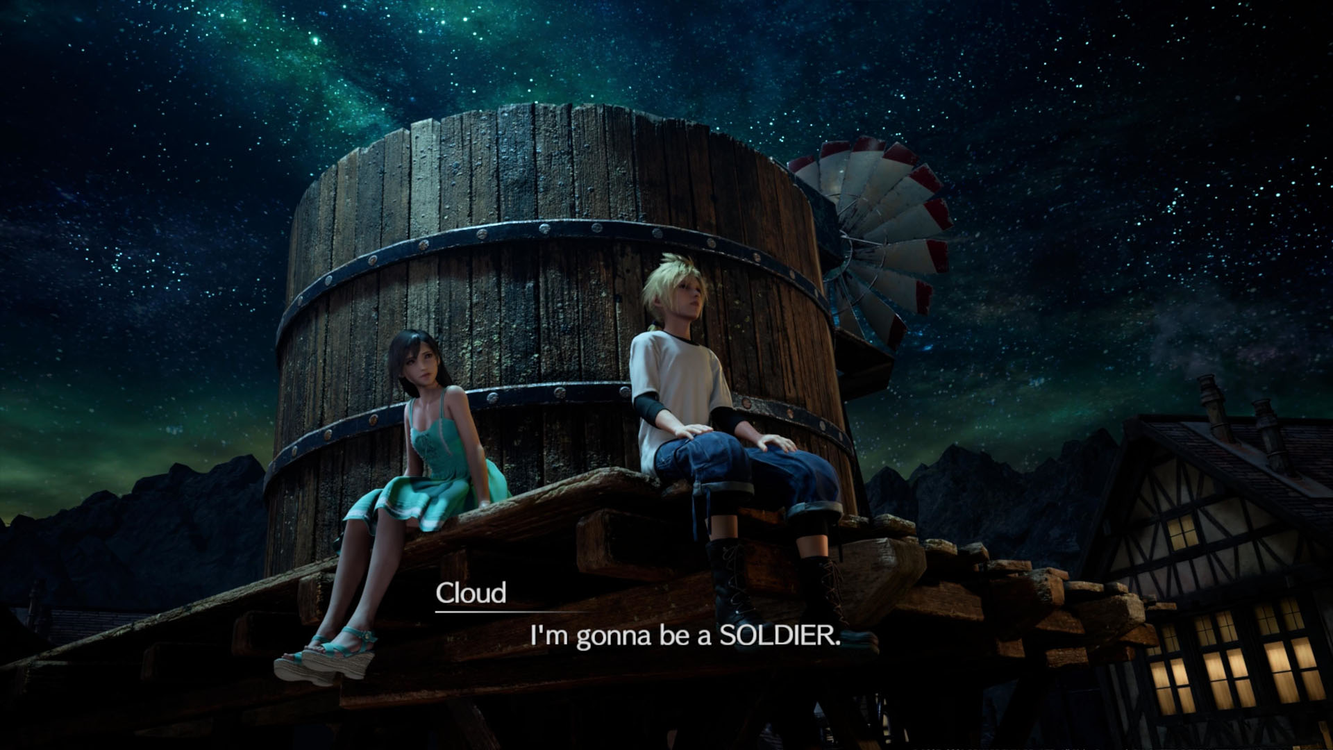 A Final Fantasy 7 Remake screenshot showing Cloud and Tifa when they were kids talking while sitting on the water tower.