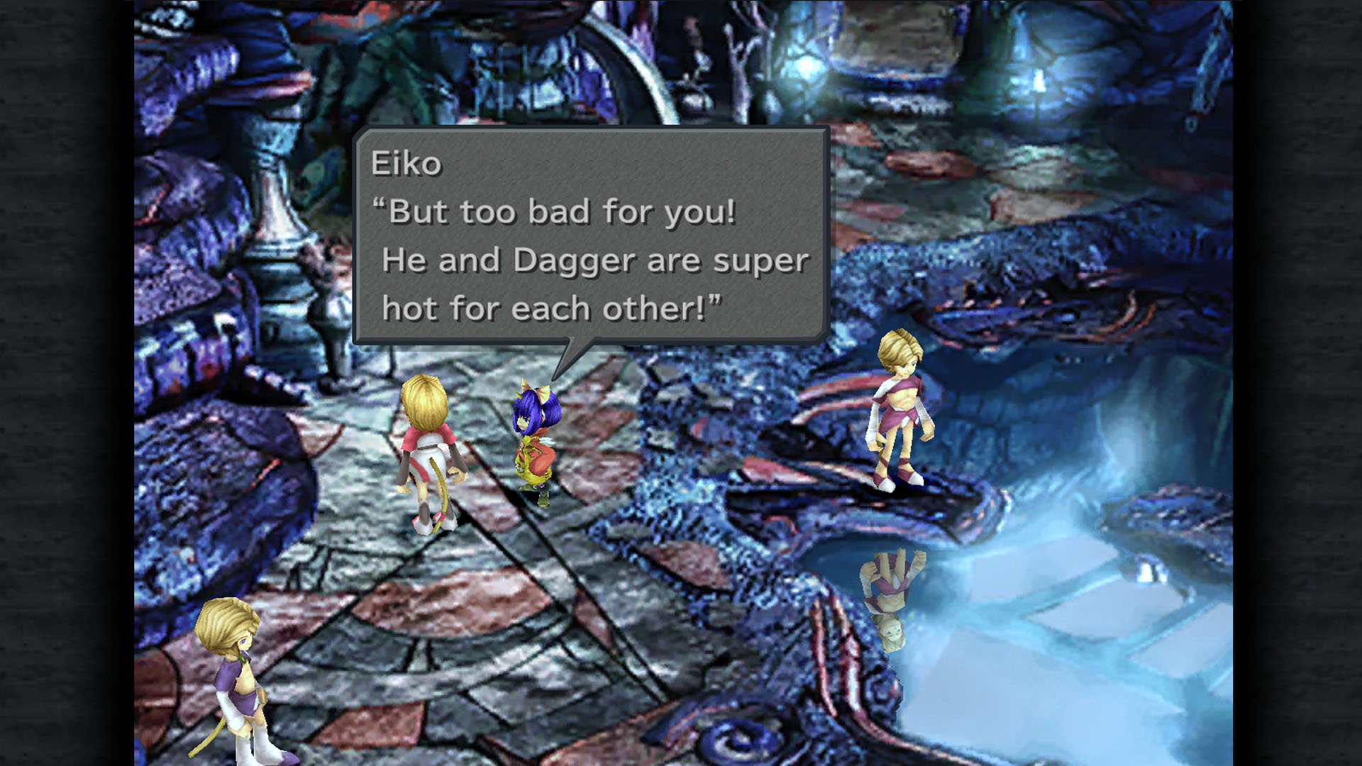 A Final Fantasy 9 screenshot showing Eiko talking to other characters about Zidane and Garnet
