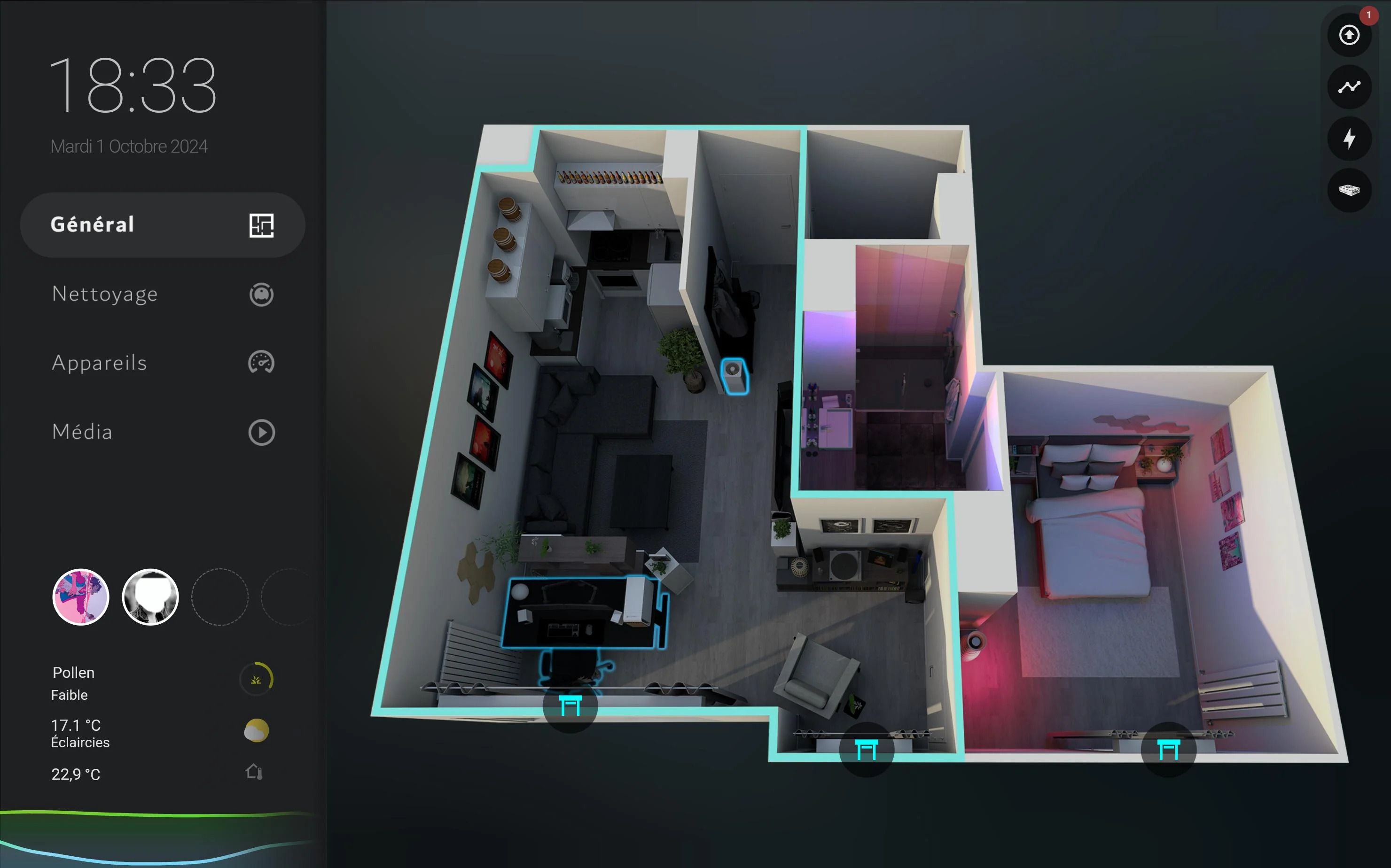 A screenshot of a home assistant dashboard overlaid on a floor plan in 3D