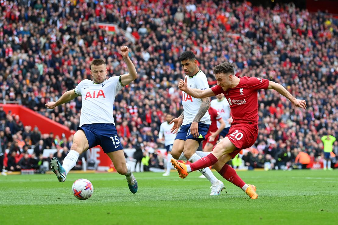 One of Jota's most famous goals came in the final minutes of a 4-3 victory over Tottenham in April 2023.