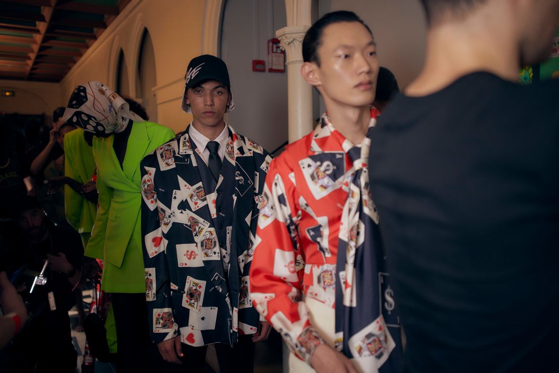 Models in poker prints, backstage at A$AP Rocky's second show for AWGE.