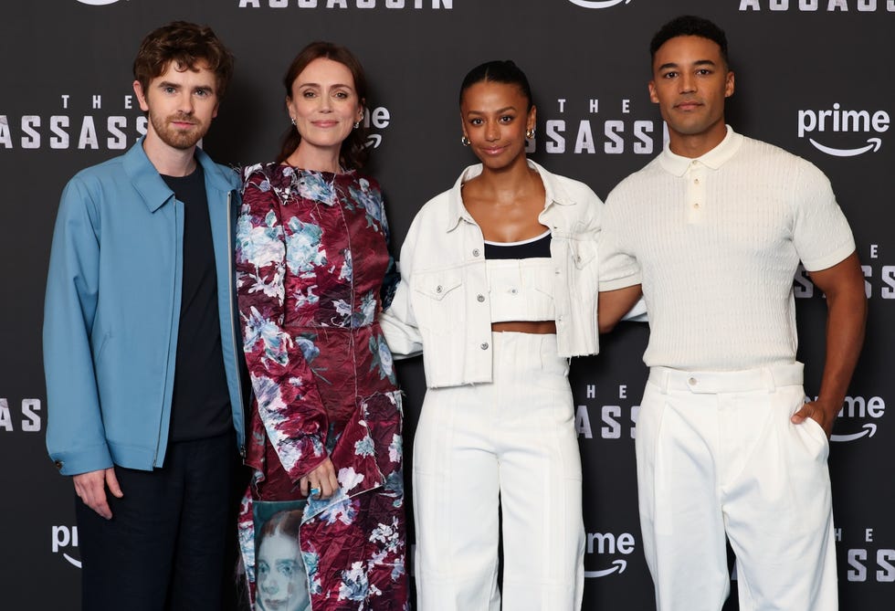 london, england july 03: (l r) freddie highmore, keeley hawes, shalom brune franklin and devon terrell attend the photocall for "the assassin" at the soho hotel on july 03, 2025 in london, england. (photo by tristan fewings/getty images)