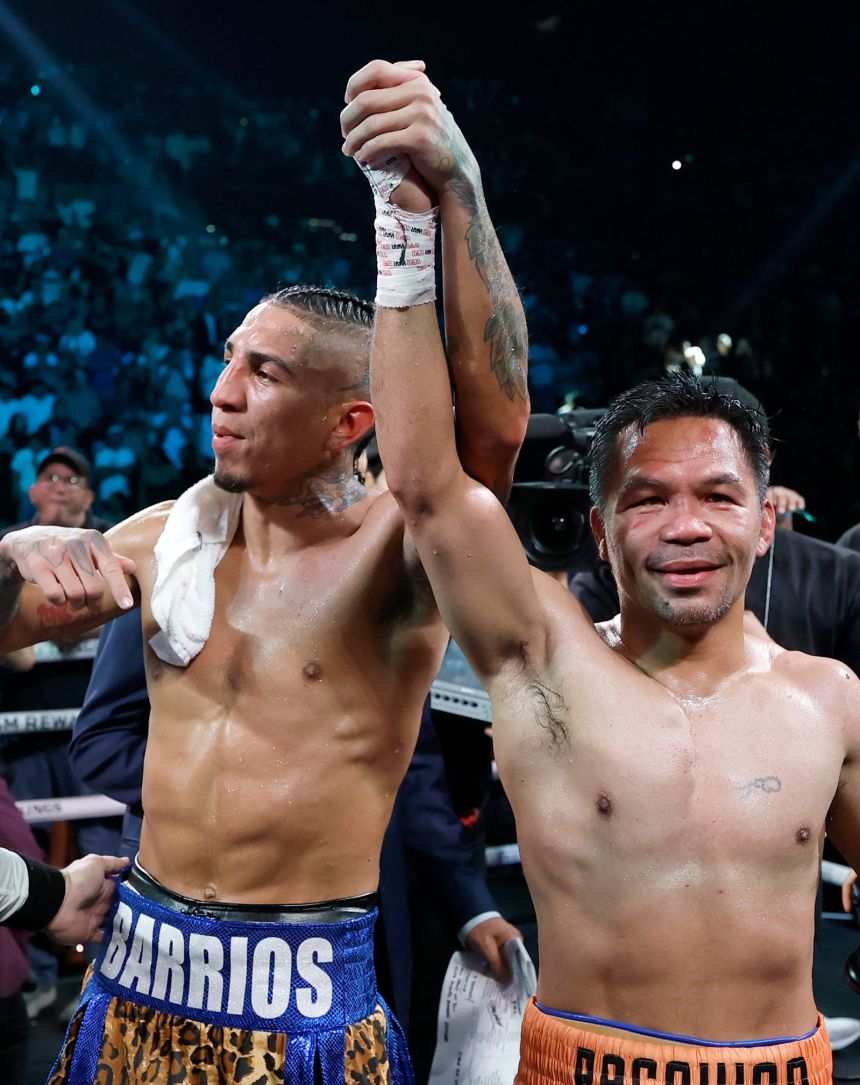 Mario Barrios and Manny Pacquiao react after their fight.
