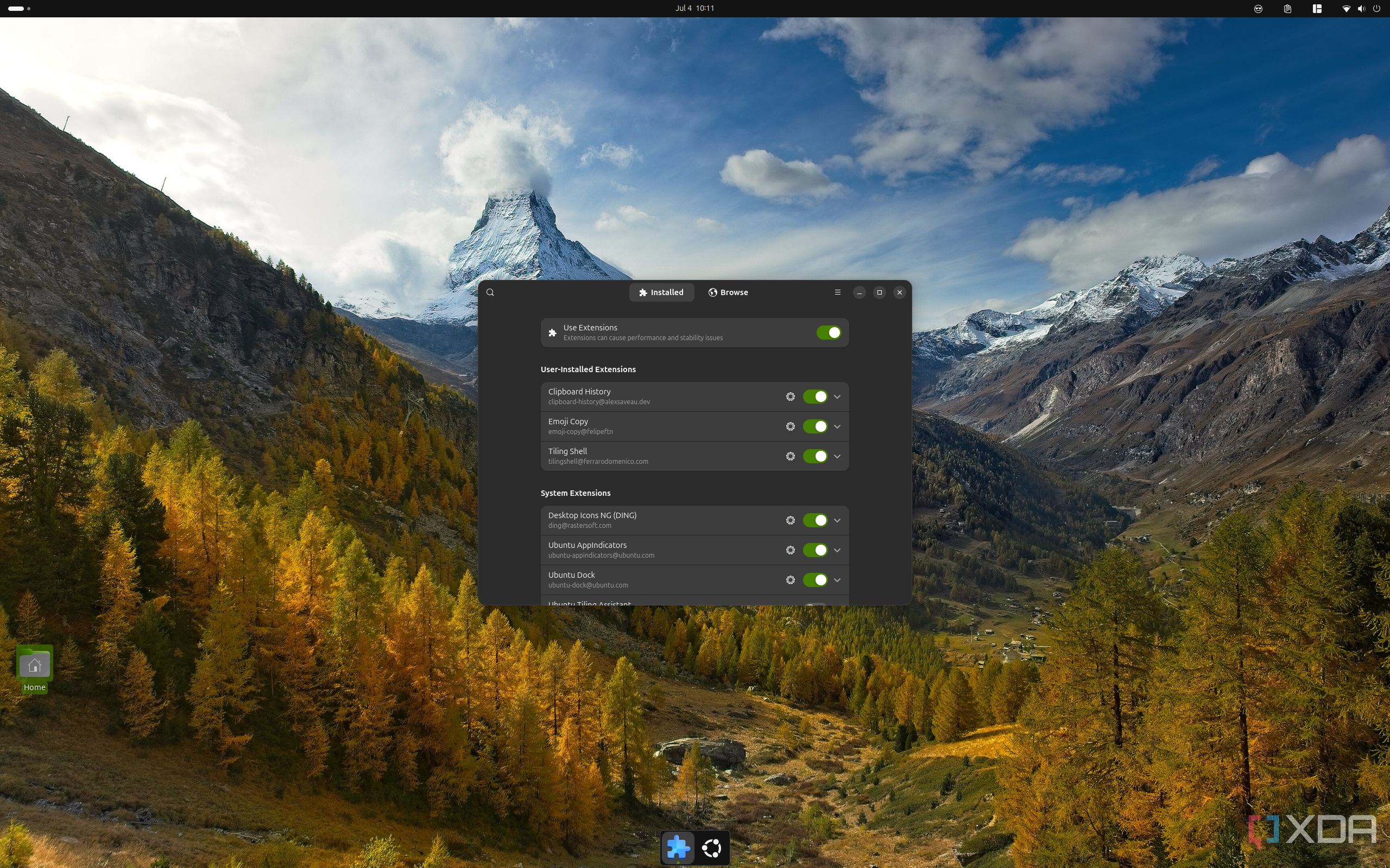 Screenshot of an Ubuntu desktop showing the GNOME Extension manager