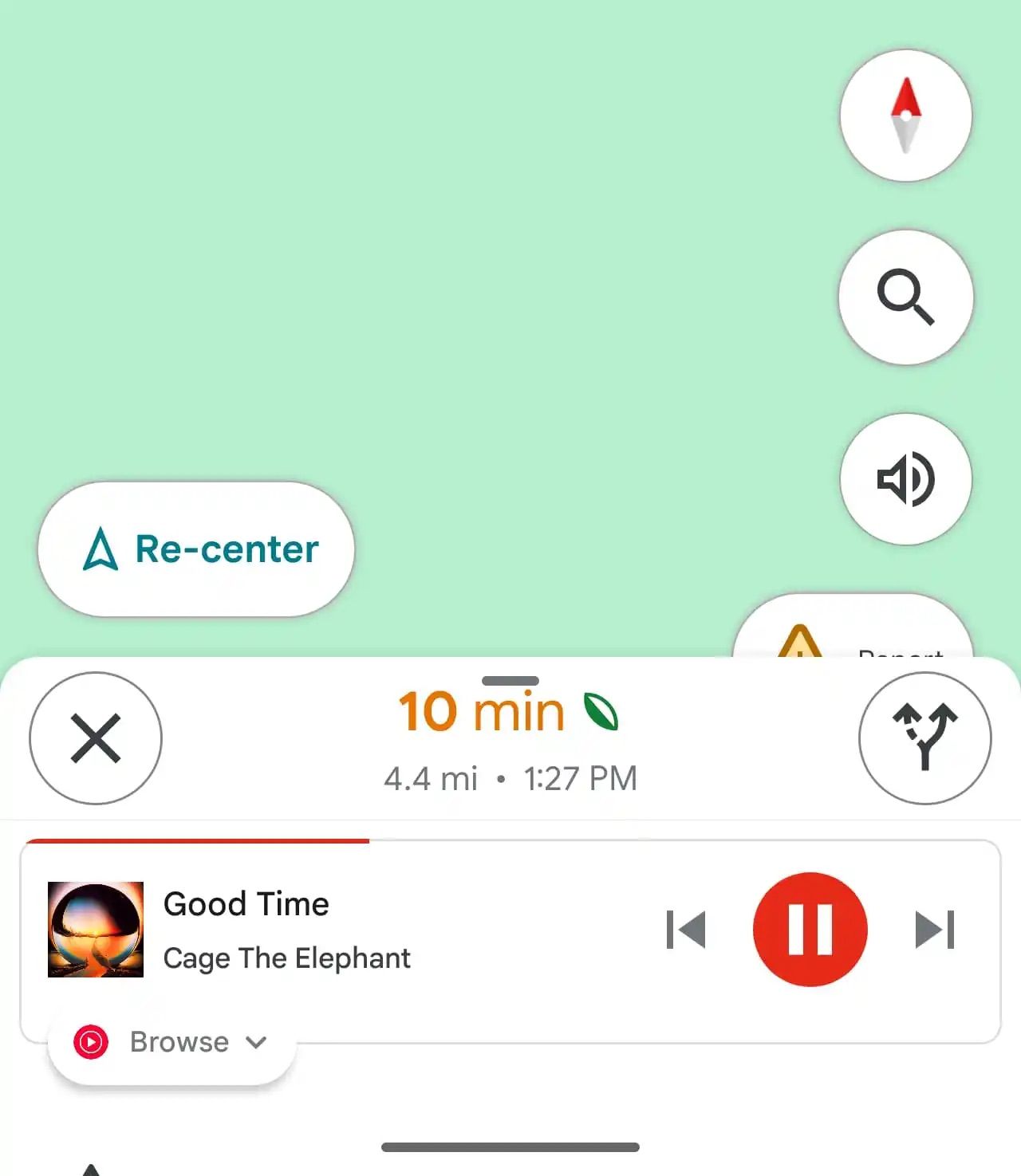 A screenshot of Google Maps' music playback controls during navigation
