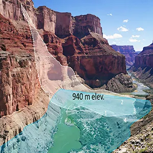 Conceptualization of Nankoweap landslide that brought down large boulders of Kaibab Limestone from the cliffs at left and created a geologically short-lived paleolake in Grand Canyon. Credit: Karl Karlstrom