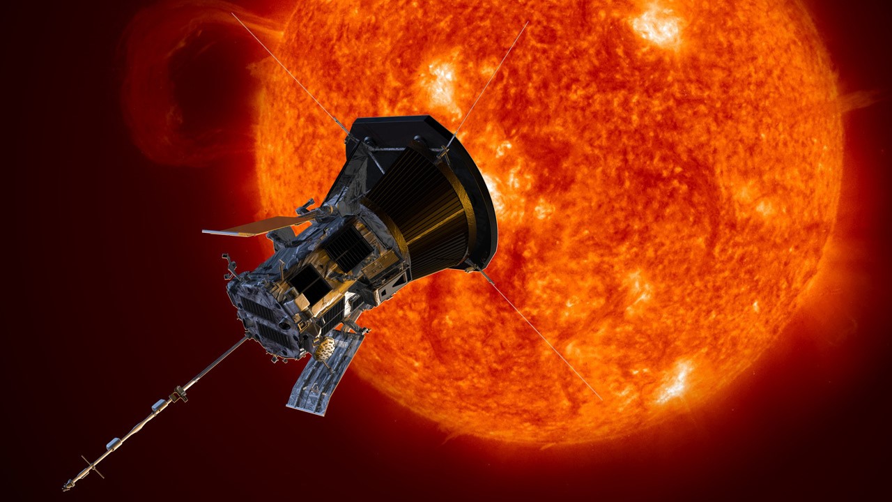 a cone-shaped spacecraft flying in front of a fiery orange orb