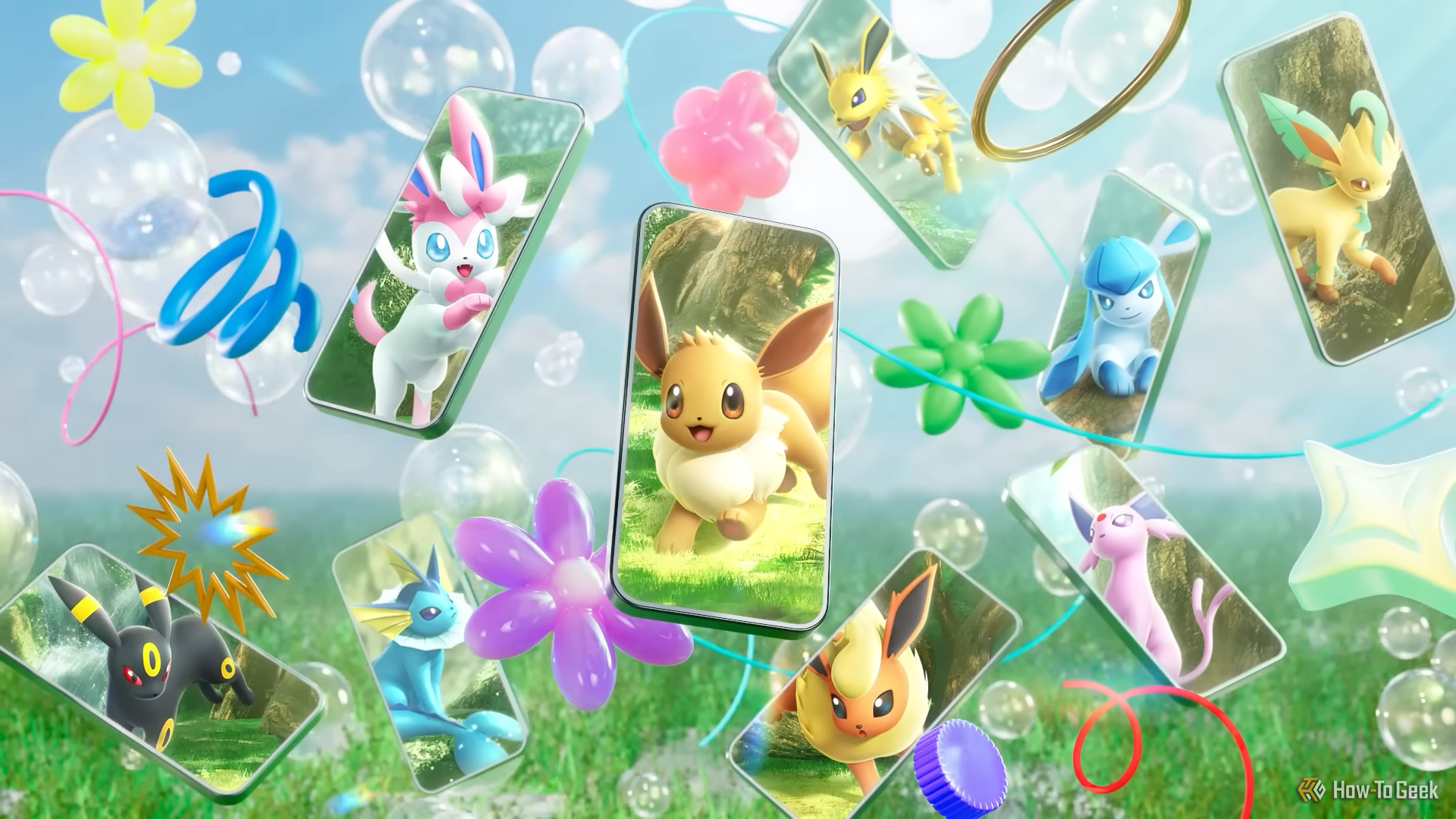 Eevee and its evolutions on phone-shaped screens for the Eevee Grove Pokemon TCG Pocket expansion.
